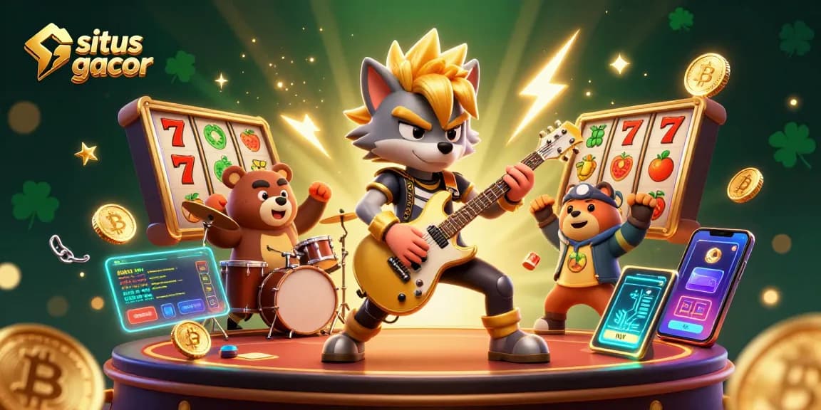 Permainan situs slot gacor dengan karakter kartun 3D di latar panggung kasino yang penuh warna.