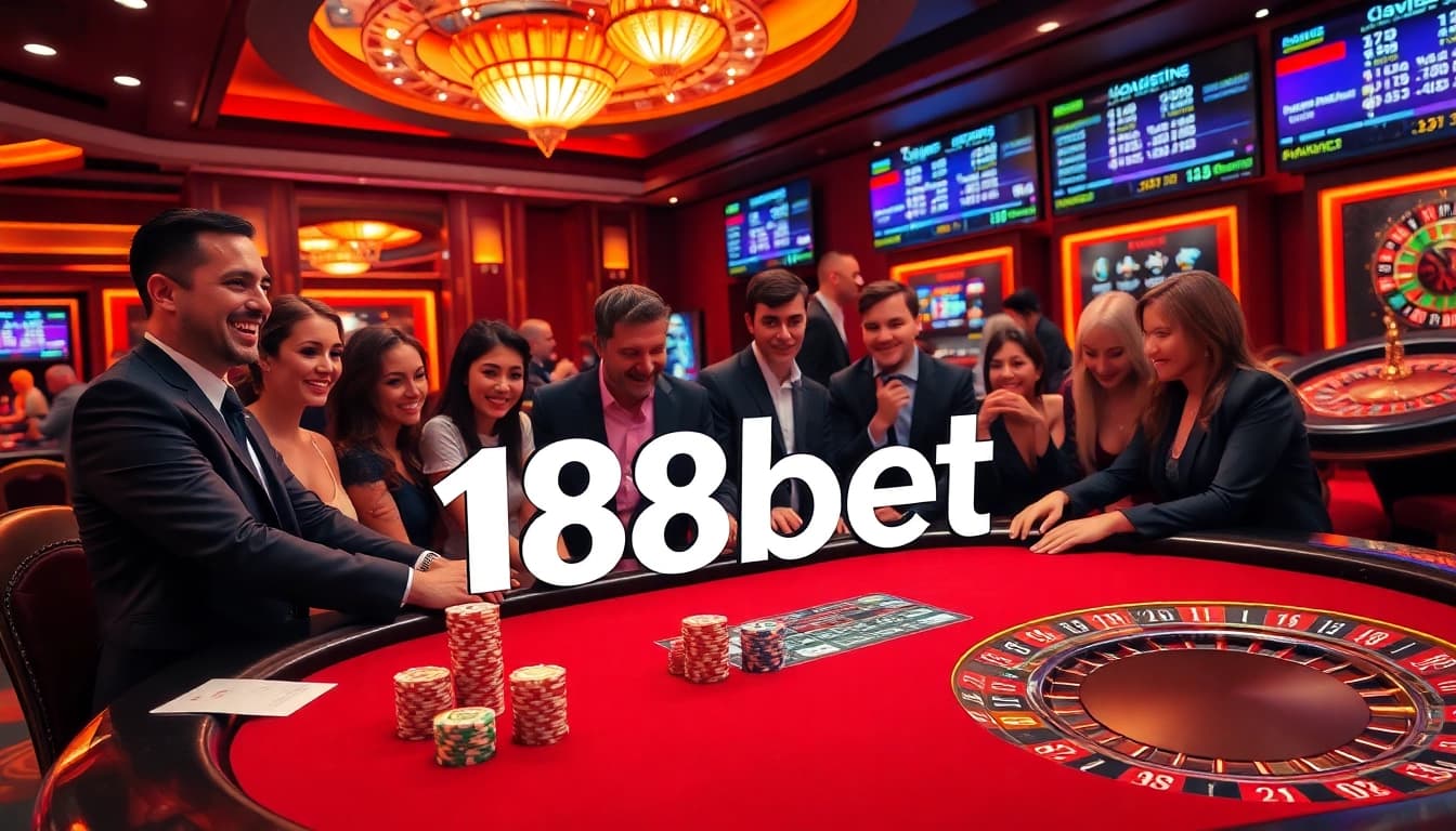 Players strategizing at a poker table featuring 188bet, showcasing excitement in online gambling.