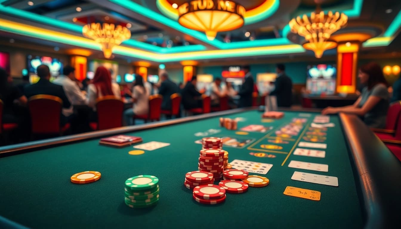 Play at an exciting online casino Malaysia with vibrant gaming tables and colorful chips.
