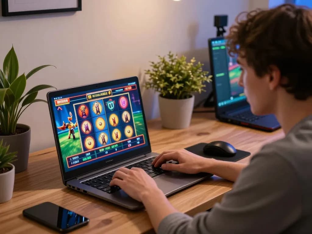 Player using laptop for Tempo123 Gacor online slot gaming in a cozy home setting