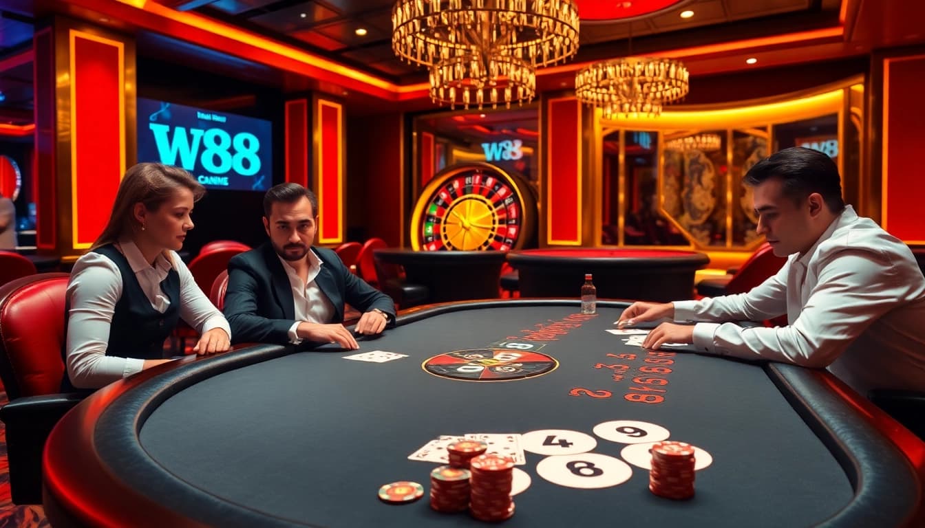 Players engaging in an intense poker match at a W88 casino table, showcasing vibrant colors and professional gaming atmosphere.
