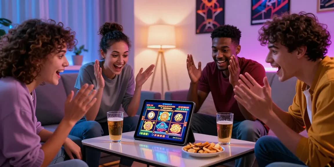Group of friends enjoying new UK slot sites on a tablet in a cozy living room.