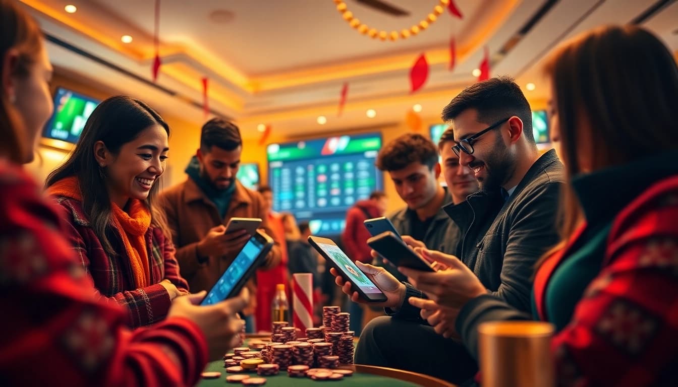 An engaging scene of diverse people betting online at 28bet.com, showcasing excitement and modern technology.
