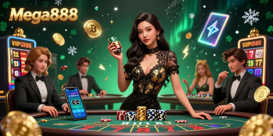 Experience thrilling Mega888 gameplay with our stunning 3D illustration showcasing a confident player surrounded by high-value casino chips.
