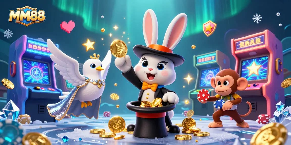 MM88 magician rabbit pulls coins amidst sparkling visuals in a vibrant casino scene.