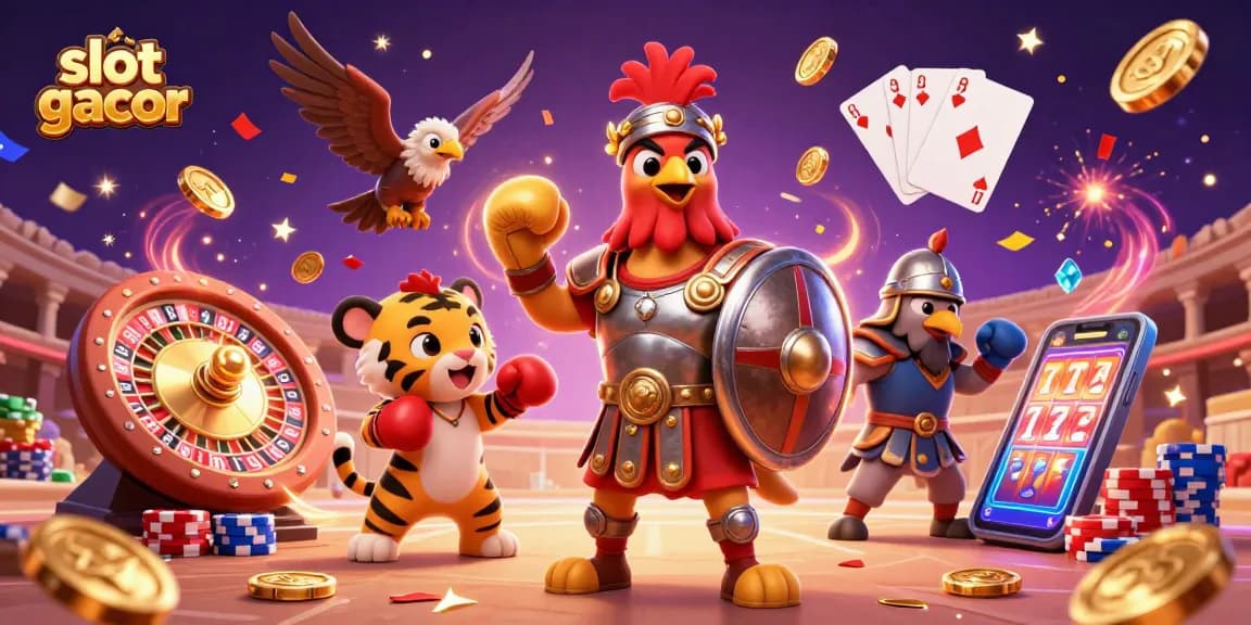 Experience the thrill of slot gacor with a dynamic scene featuring a gladiator rooster amidst sparkling gems and casino elements.