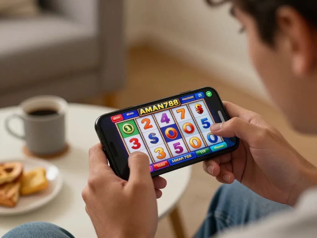 Pemain menikmati slot gacor aman788 di smartphone, menggambarkan kegembiraan perjudian online.