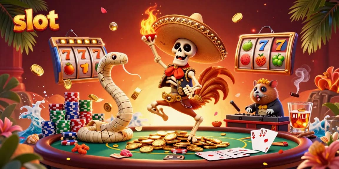 Spin vibrant slot games with a lively mariachi rooster, mummy snake, and DJ hamster in a colorful casino atmosphere.