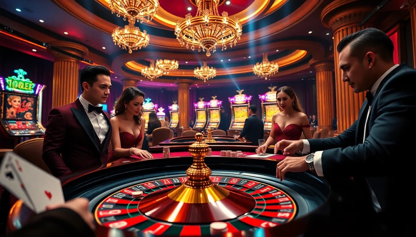 Ga6789 gamblers placing bets at a luxury casino roulette table full of excitement.