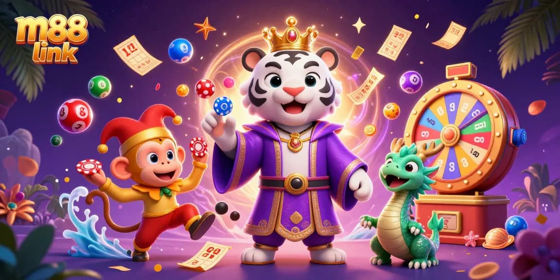 Trải nghiệm sự phấn khích của liên kết m88 với một cảnh casino tươi sáng featuring các nhân vật sống động và các yếu tố trò chơi năng động.