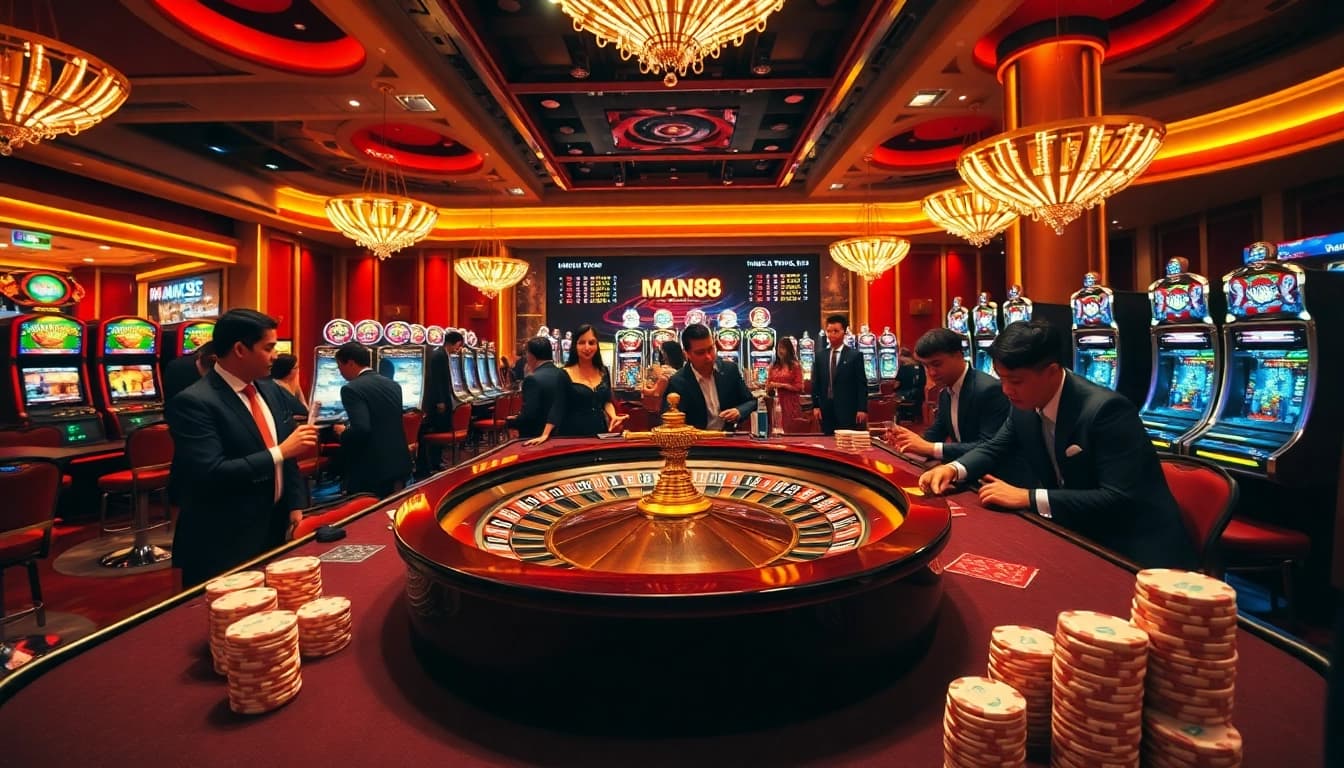 Man88 casino scene with roulette wheel and excited players betting.