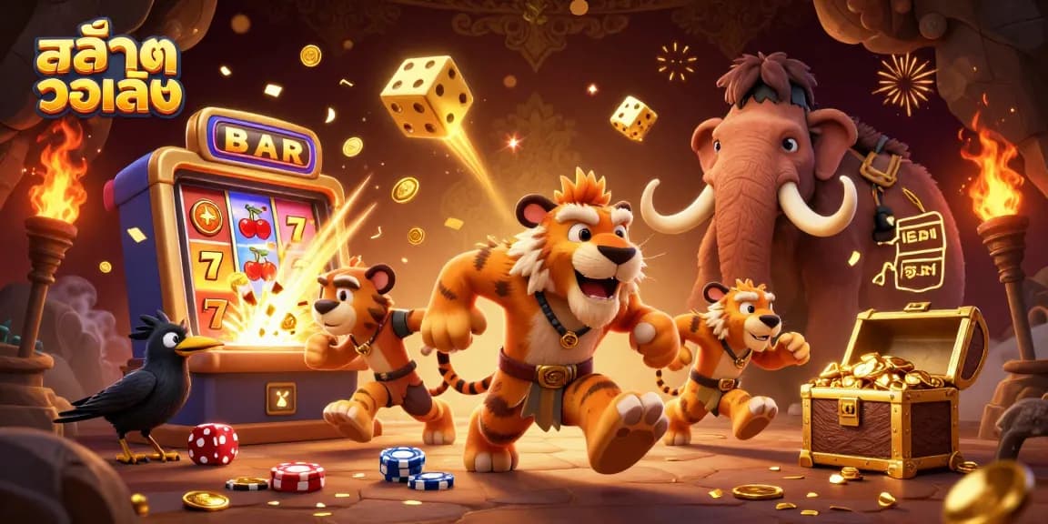 Play exciting สล็อตวอเลท games with cavemen and a tiger in a vibrant prehistoric casino scene.