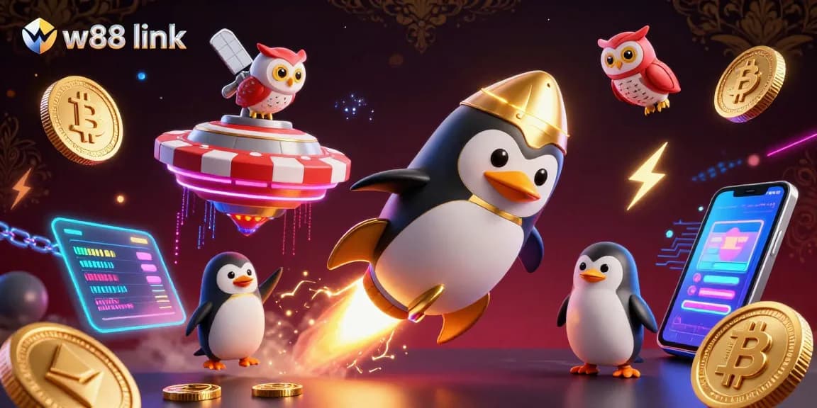 Engage with the w88 link for dynamic betting action featuring a penguin and cryptocurrency elements.