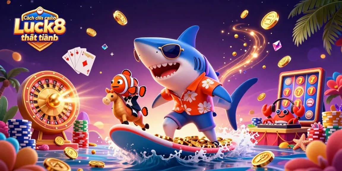 Cách chơi live casino Luck8 luôn thắng illustrated with a shark in a Hawaiian shirt amidst dynamic casino elements