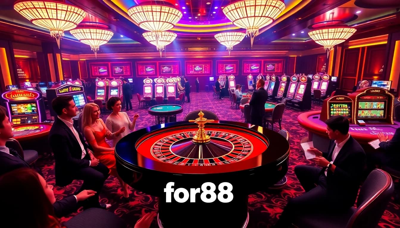 Players enjoying a thrilling game at for88 casino, showcasing vibrant excitement and luxury.