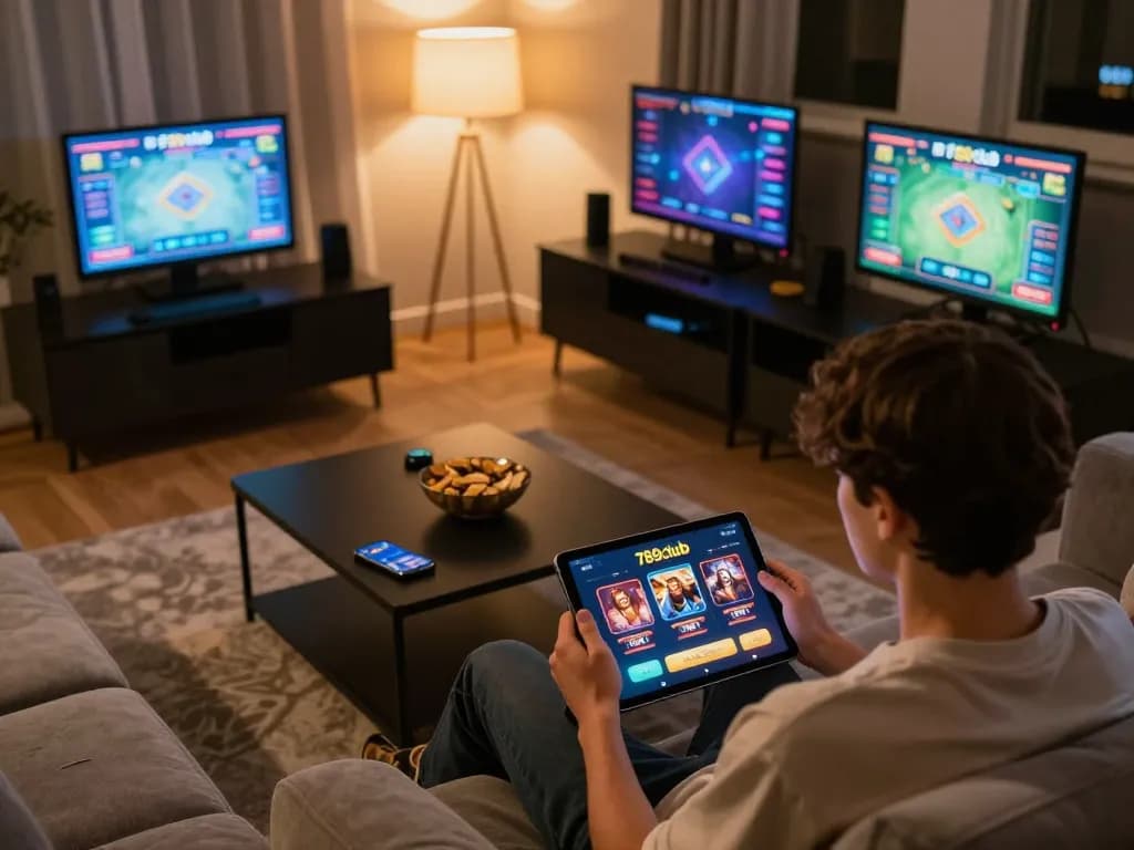 Player engaging with the 789club casino app on tablet in a cozy home gaming setup