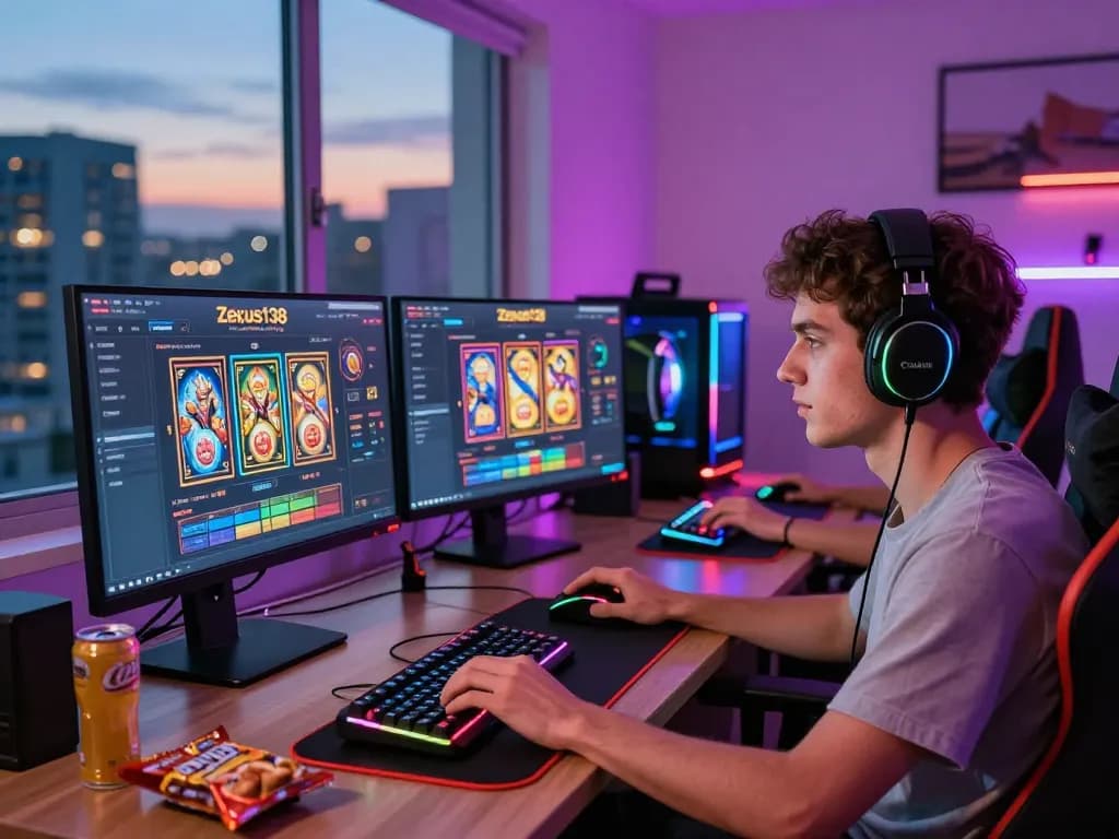 Engaging scene of a gamer enjoying Zeus138 online slot games, with colorful LED lights and gaming equipment.