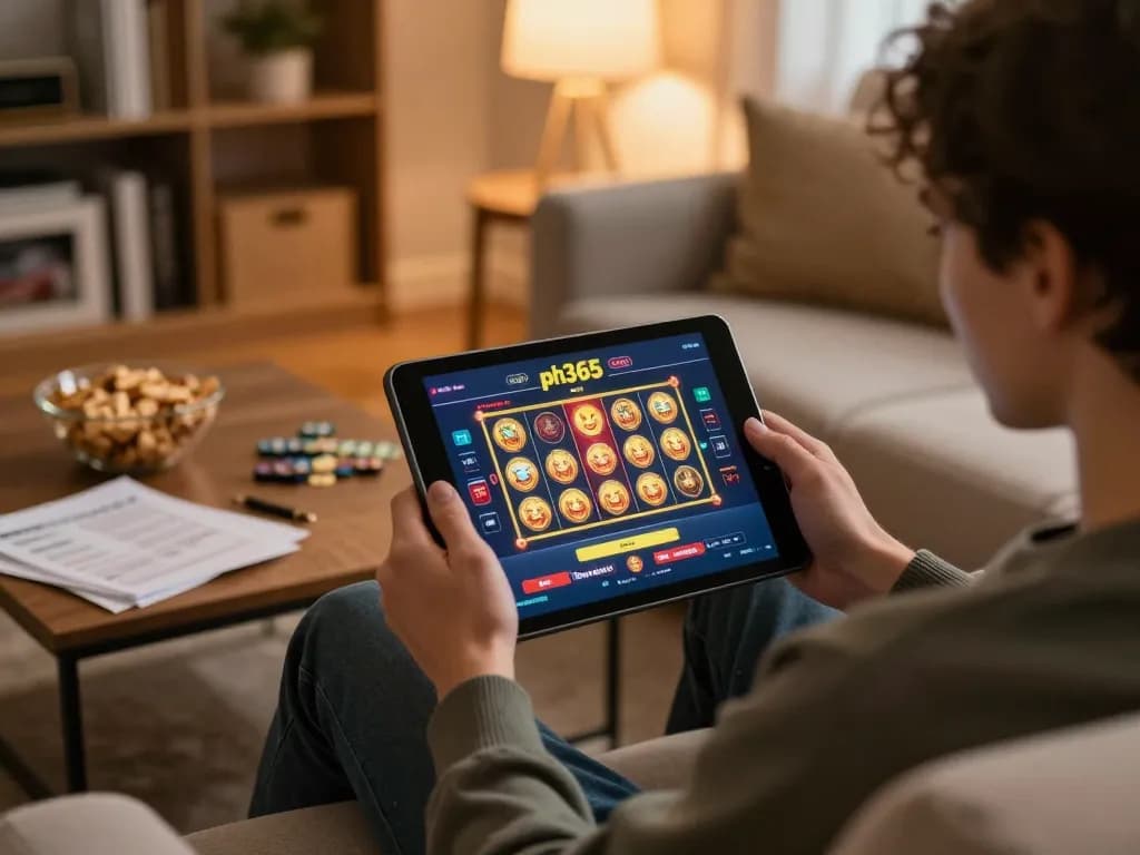 Player enjoying online gambling at home with ph365 tablet, cozy atmosphere and strategy notes