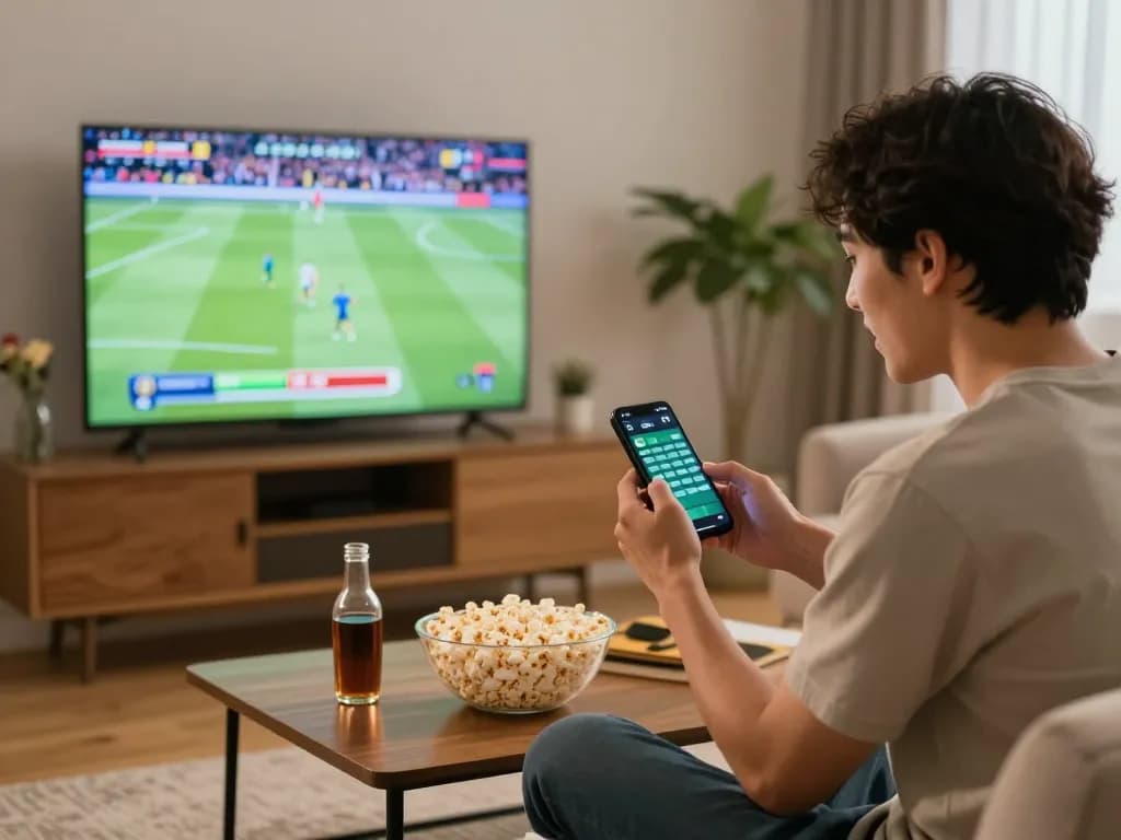 Person engaging with nhà cái 8xbet app while enjoying a live sports event in a cozy living room.