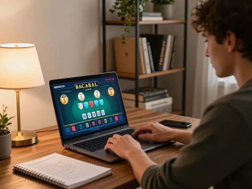 Cách chơi Baccarat in a cozy home office with a player focused on online gameplay and strategy notes.