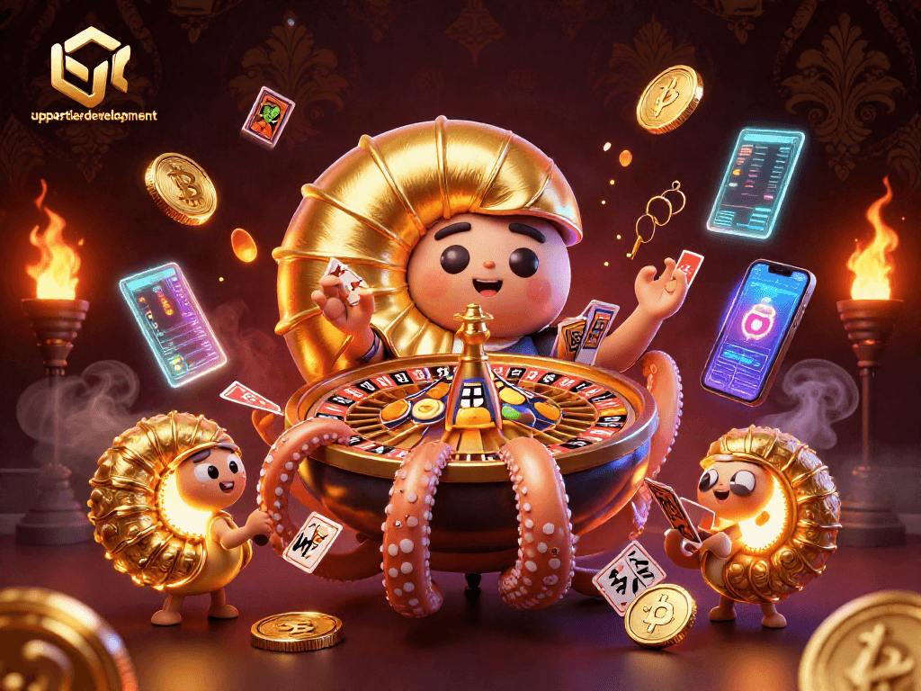 Gambarkan uppertierdevelopment dengan nautilus emas dan simbol slot dalam ilustrasi kasino.