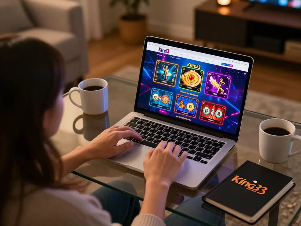 Player engaging with king33 casino games at home, showcasing an online gambling experience with a laptop and cozy setup