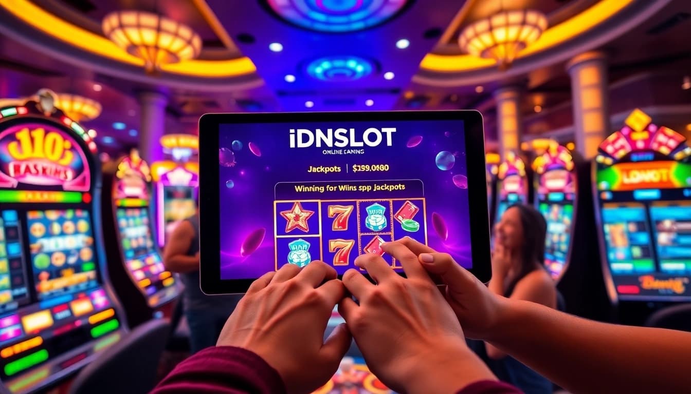 Experience the excitement of IDNSLOT with vibrant slot games and winning action in a luxurious casino setting.