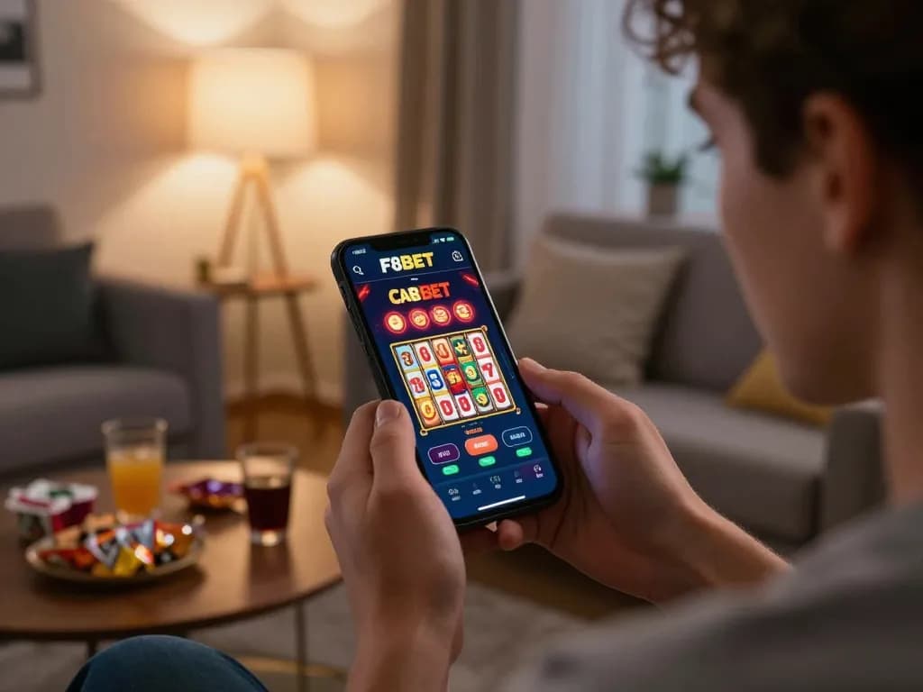 Engaging with F8BET app on smartphone in a cozy living room while enjoying online gaming.