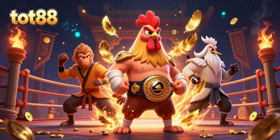 tot88 showcases a fierce Muay Thai rooster and Shaolin monkey battling in a vibrant casino-themed scene.