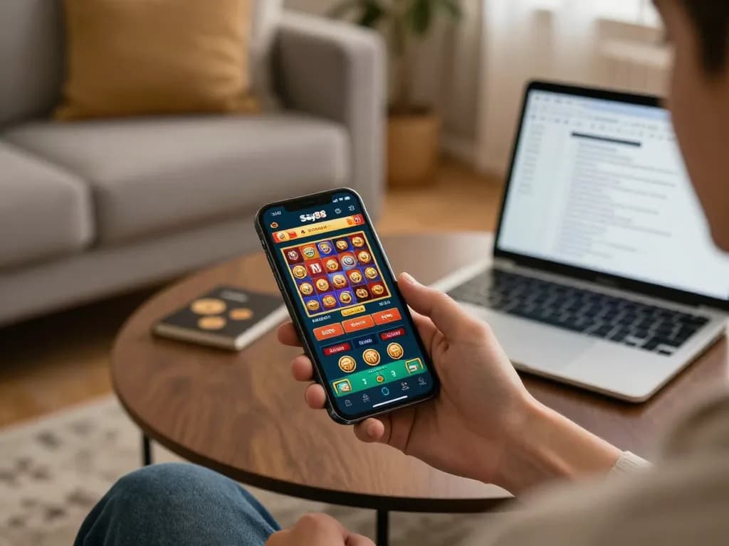 Engaging mobile gaming experience with Say88 app displayed on smartphone, emphasizing responsible play in a cozy environment.