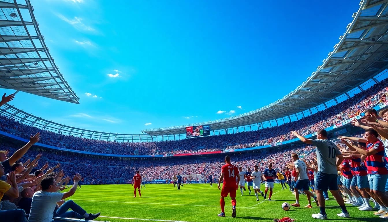 Exciting football match scene highlighting fans and players, connecting to mm88 futbol.