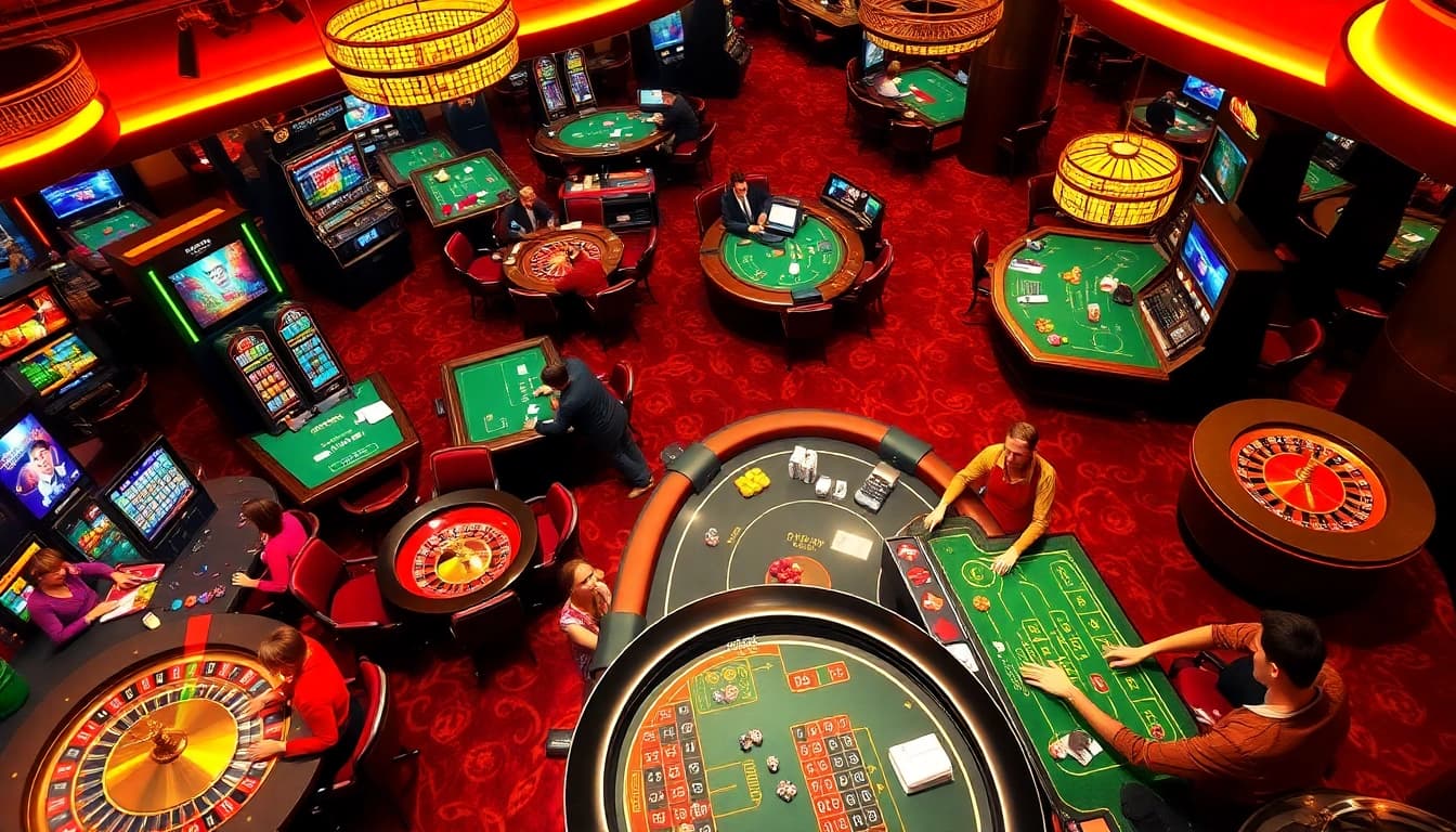 Engage in high-stakes poker action at 68VIP casino with vibrant gaming tables and enthusiastic players.