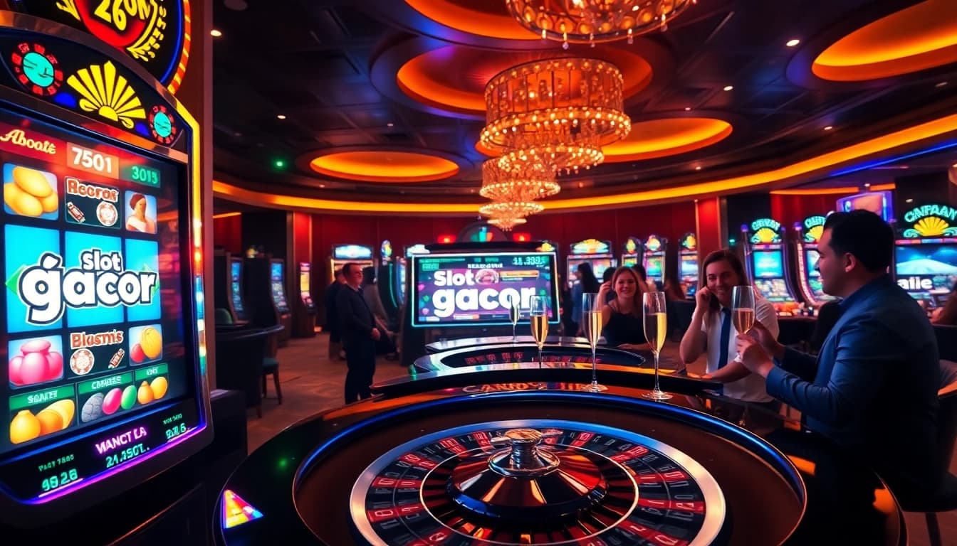 Engage in slot gacor excitement with vibrant casino visuals of winning slot machines and players.