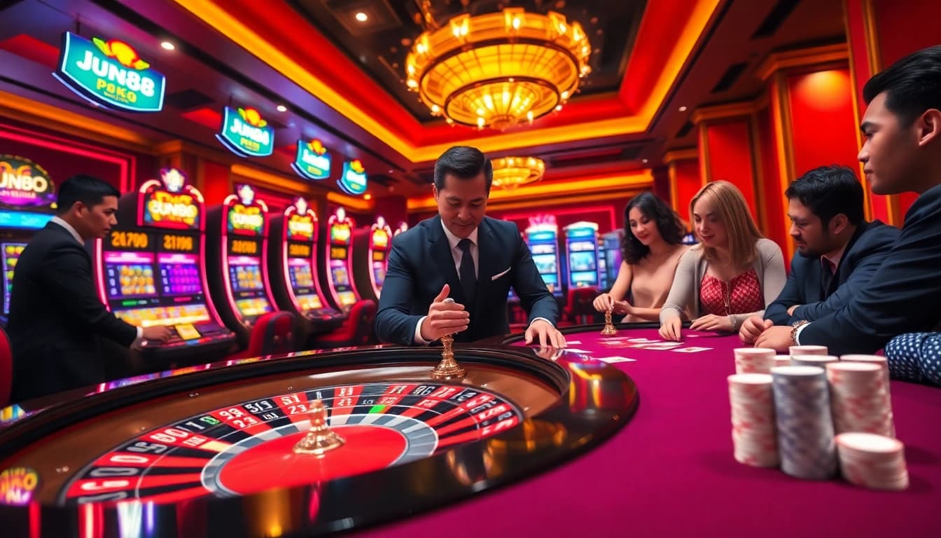 Players enjoying a thrilling Jun88 casino experience at a vibrant roulette table.