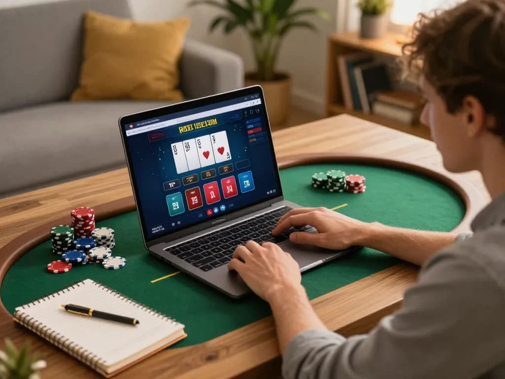 Engaging in strategic online poker at home with qtr88, highlighting a focused gaming environment.