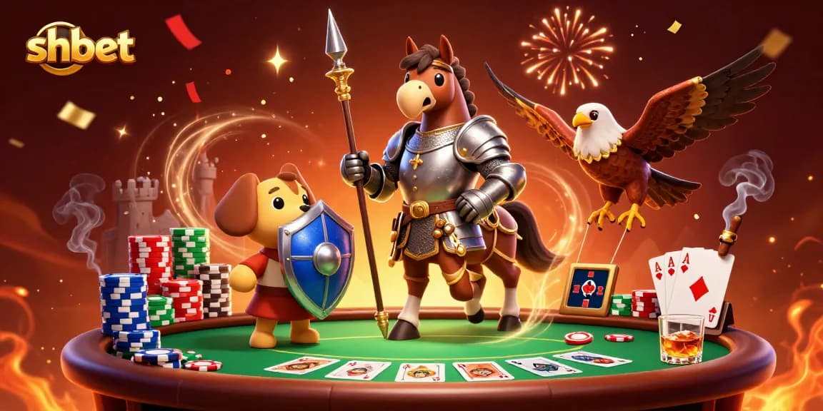Experience the thrill of shbet with a vibrant poker scene featuring a knight, puppy, and falcon.