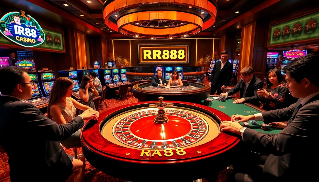 Experience the excitement of RR88 casino games with vibrant roulette tables and thrilling slot machines.