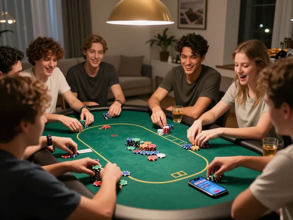 Friends enjoying a competitive poker game at home, integrating sc88 online gaming with vibrant atmosphere.