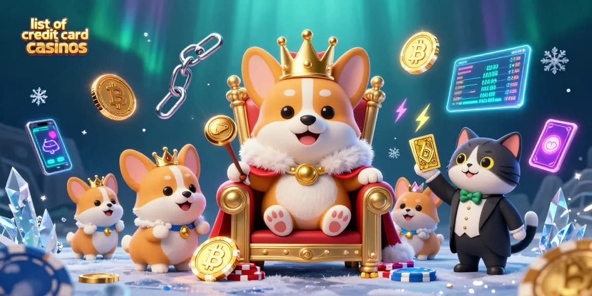 Engage with the list of credit card casinos featuring royal corgi characters amidst vibrant gaming elements.