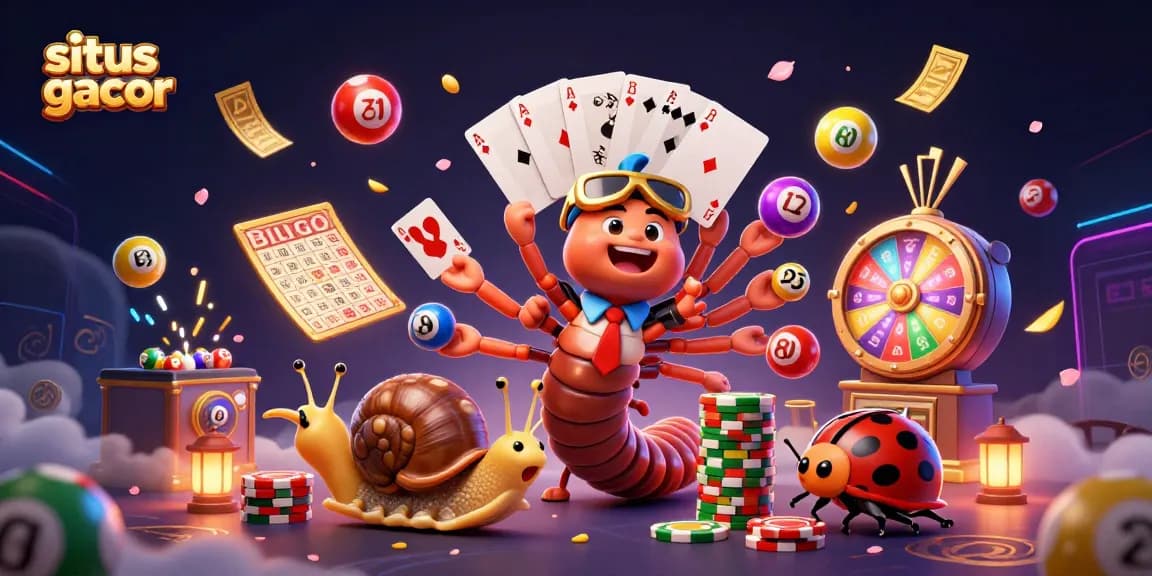 Celebrate jackpots at situs gacor with a dynamic 3D illustration of a millipede dealer and high-rolling snail.