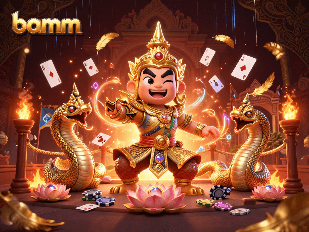 Experience thrilling poker action at bamm with vibrant characters surrounded by casino elements.