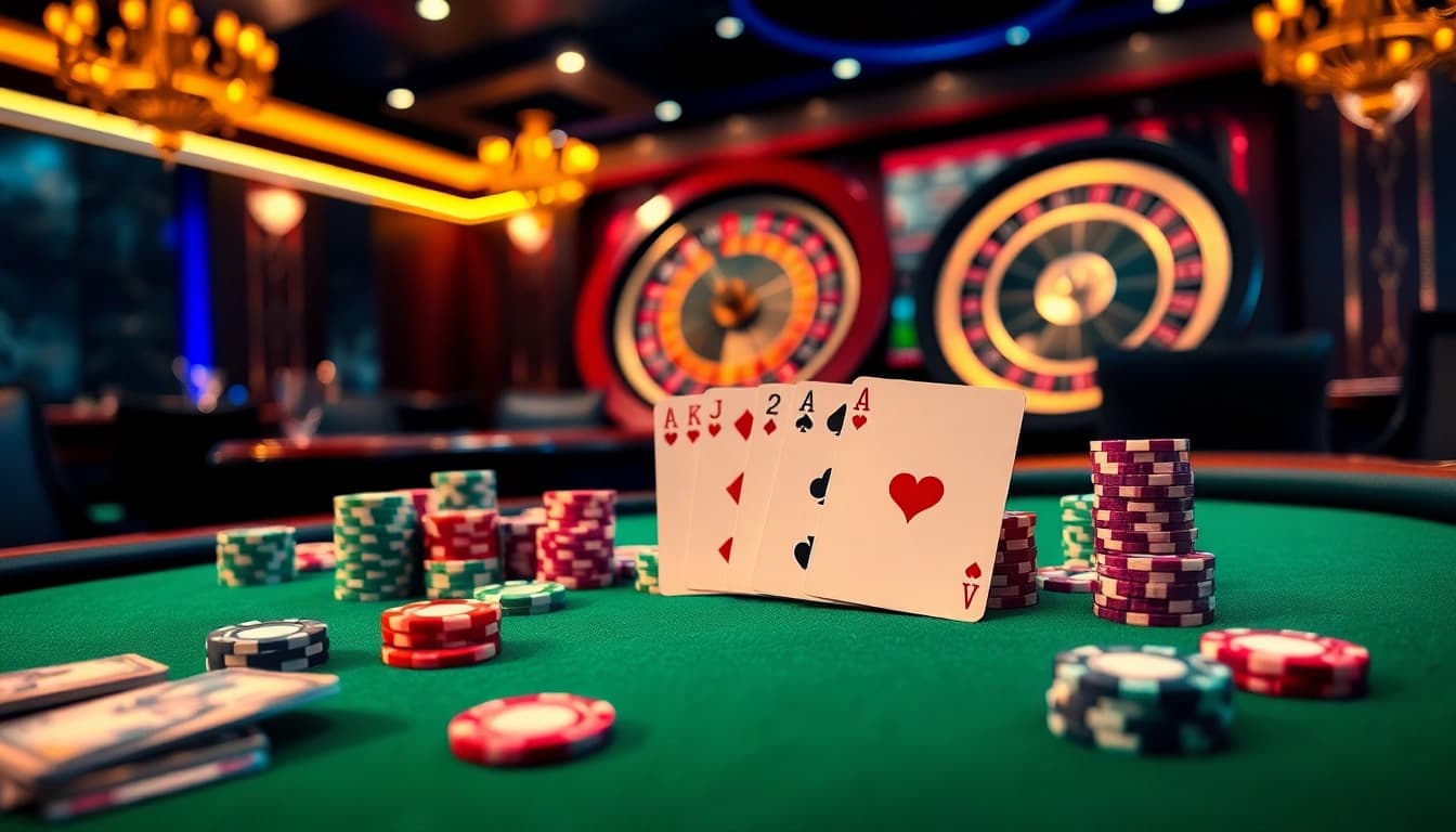 Experience the excitement of winning at https://king33.io/ with a luxurious poker table and vibrant gambling atmosphere.