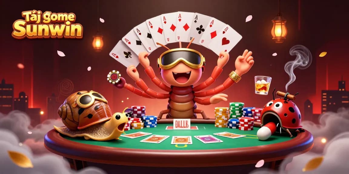 Tải game Sunwin with vibrant 3D casino elements, featuring a unique cartoon dealer and high-roller characters.