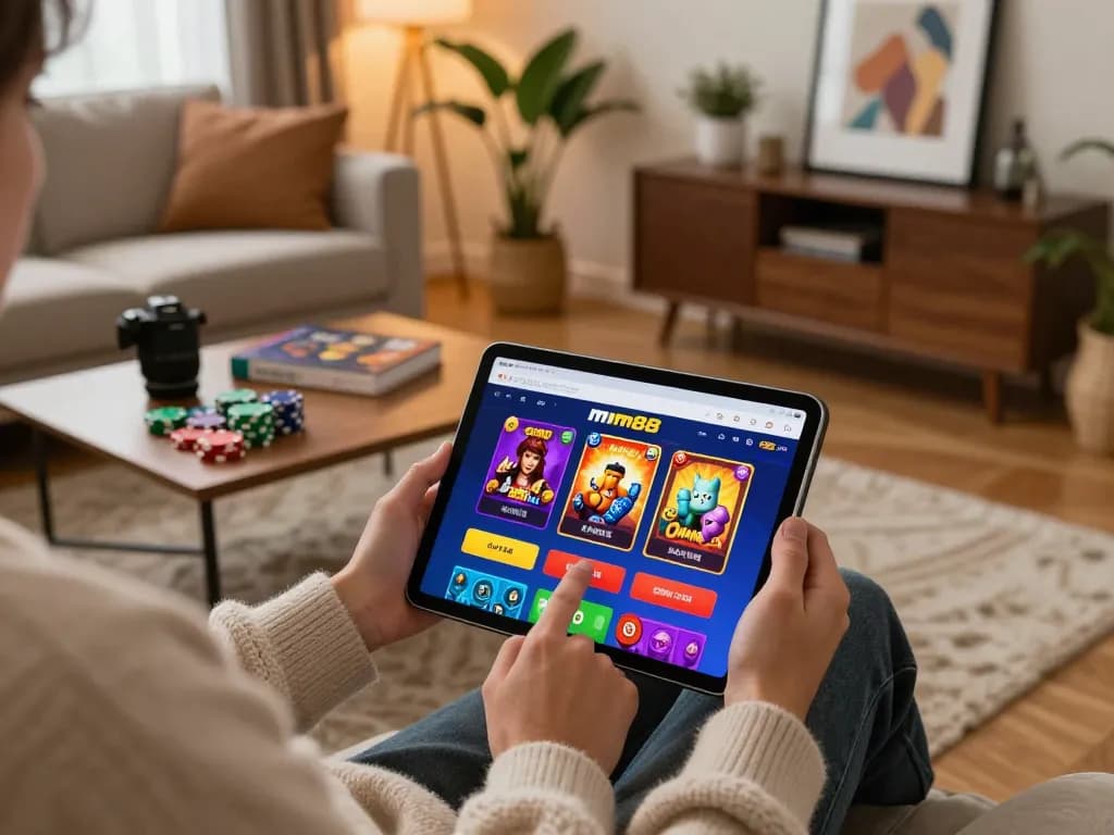 Engaging in mm88 casino gaming on a tablet in a cozy living room with warm lighting