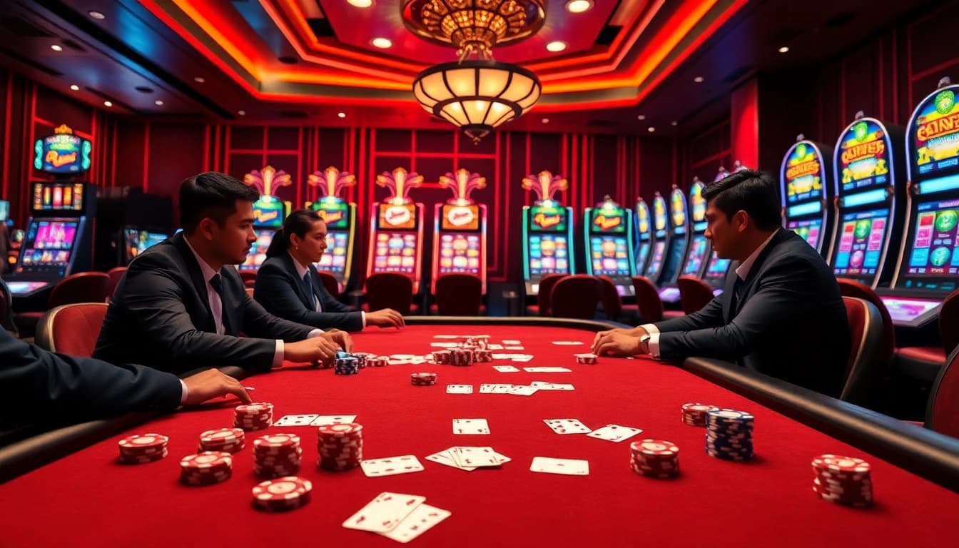 Action-packed poker game at RR88 casino, featuring vibrant chips and cards amidst tension.