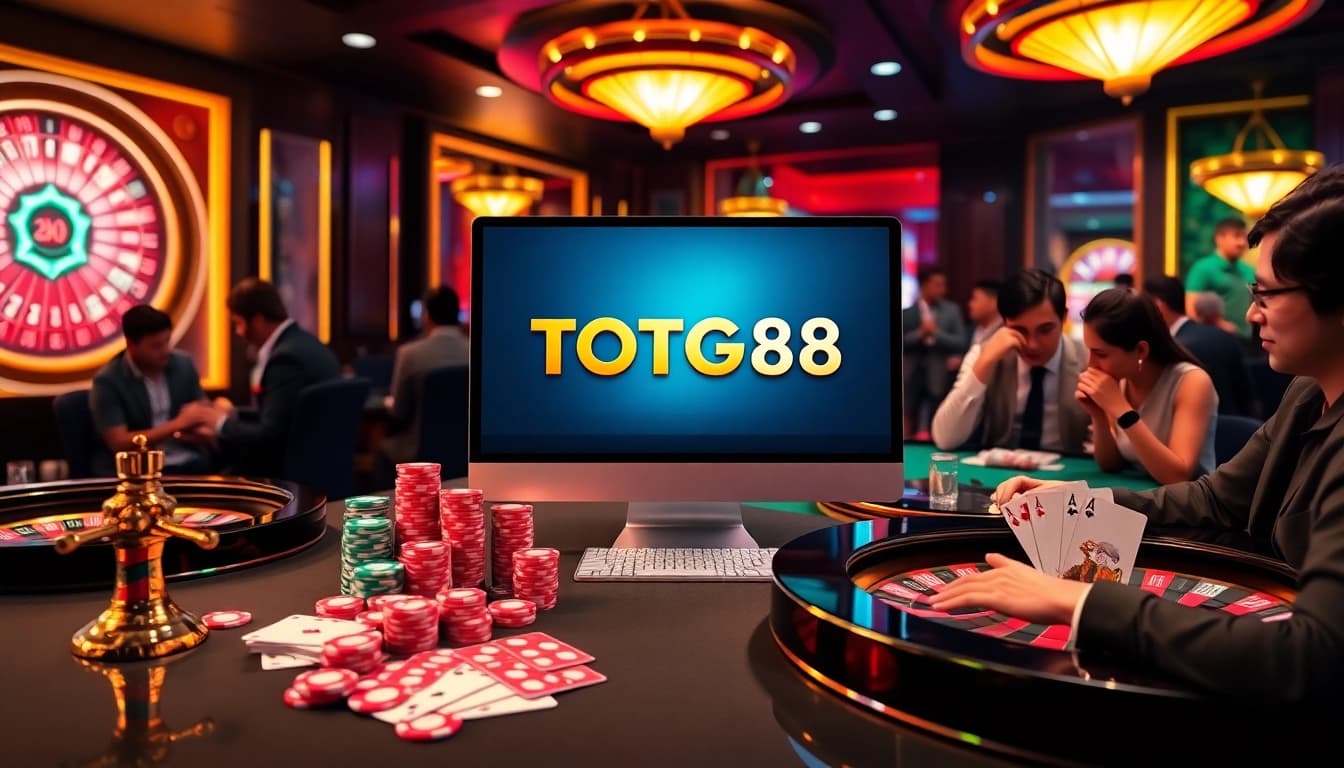 Experience excitement with TOTOGG88's vibrant online gambling scene featuring poker chips and roulette.