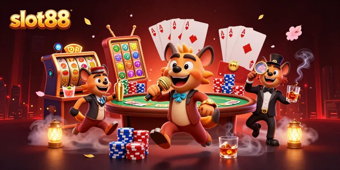 Slot88 memperlihatkan hyena comedian, bartender, dan bouncer dalam kasino dengan suasana yang meriah.
