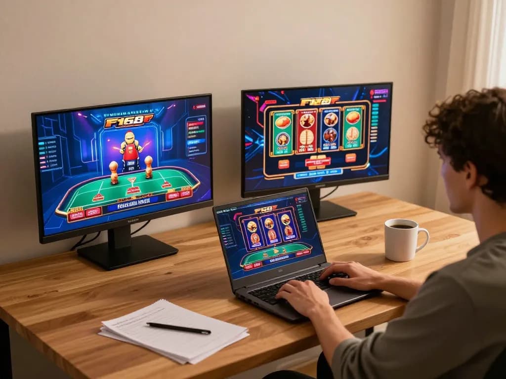 Player enjoying F168 online casino with laptop, showcasing exciting gameplay and engaging atmosphere.