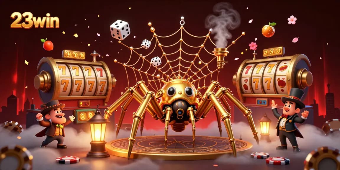 Experience thrilling entertainment at 23win with a vivid scene of slot reels and a steampunk spider.