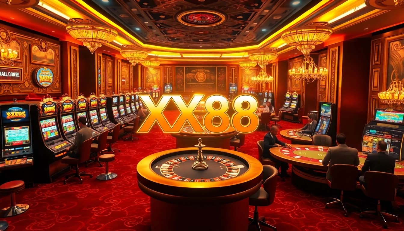 Players enjoying lively casino games at XX88, showcasing vibrant slot machines and poker action.
